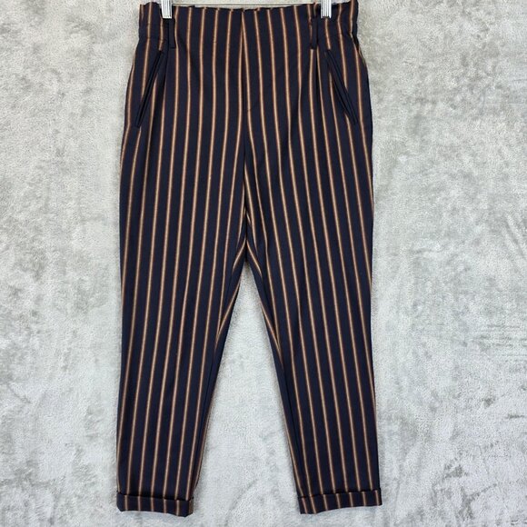 Zara Trafaluc Pants Womens Small Navy Brown Striped Tapered Cropped Trouser - Picture 1 of 12